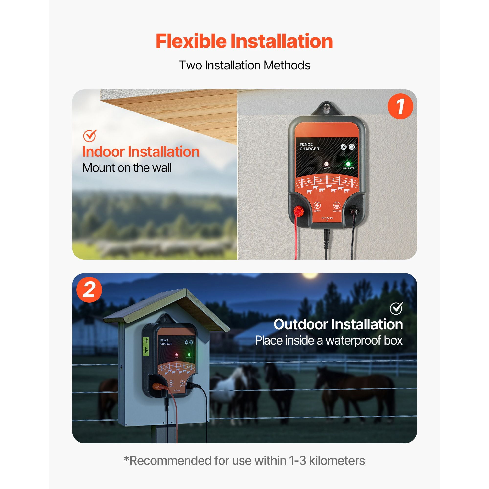 Electric Fence Charger, 2 Joule 10kV Output, Supports AC/DC/Solar Power, IP65 Waterproof, -40°F to 131°F, 1-3 km Range for Livestock and Wildlife Protection