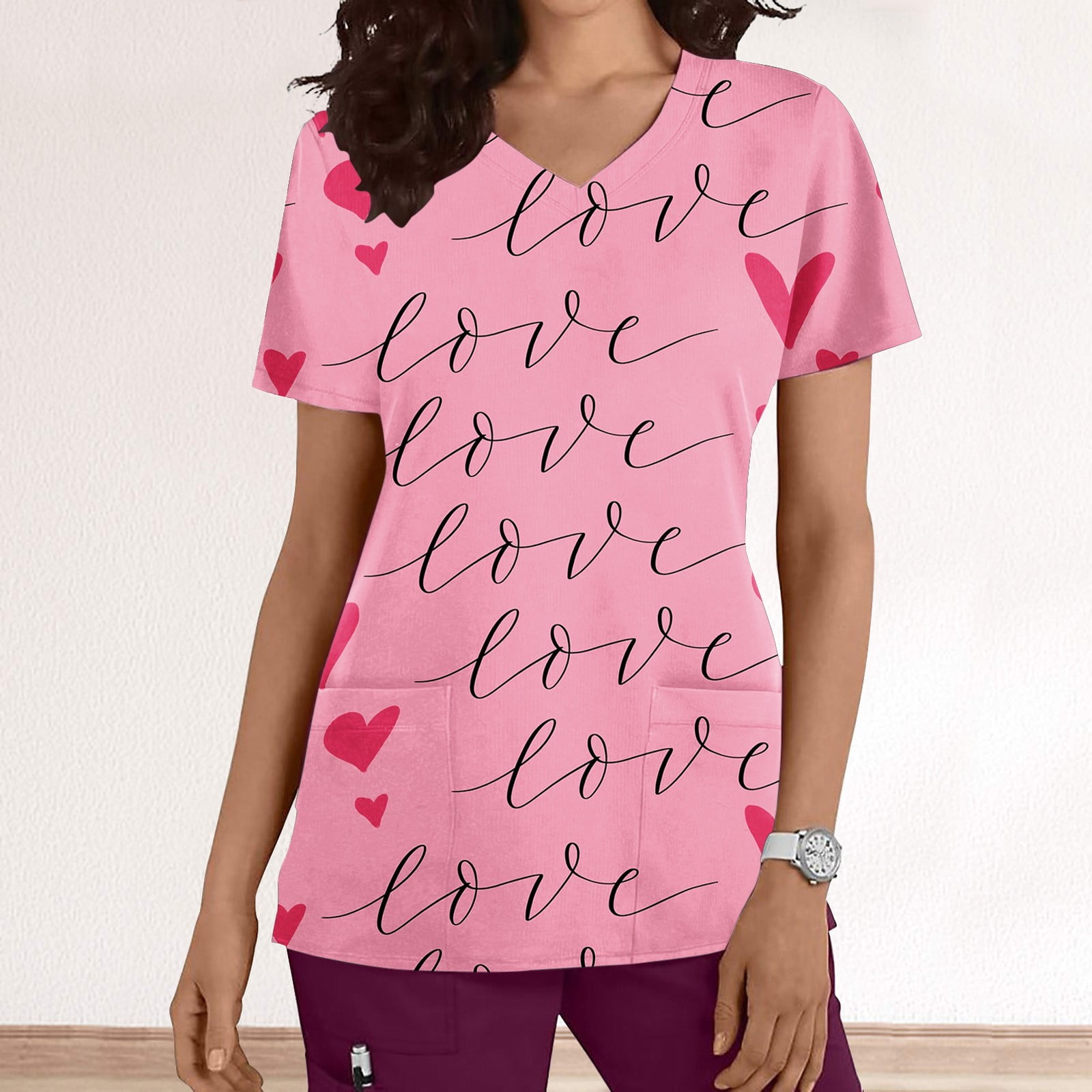 EGNMCR Blouses Médicales pour Femmes Mode Manches Courtes Col en V - Main Image