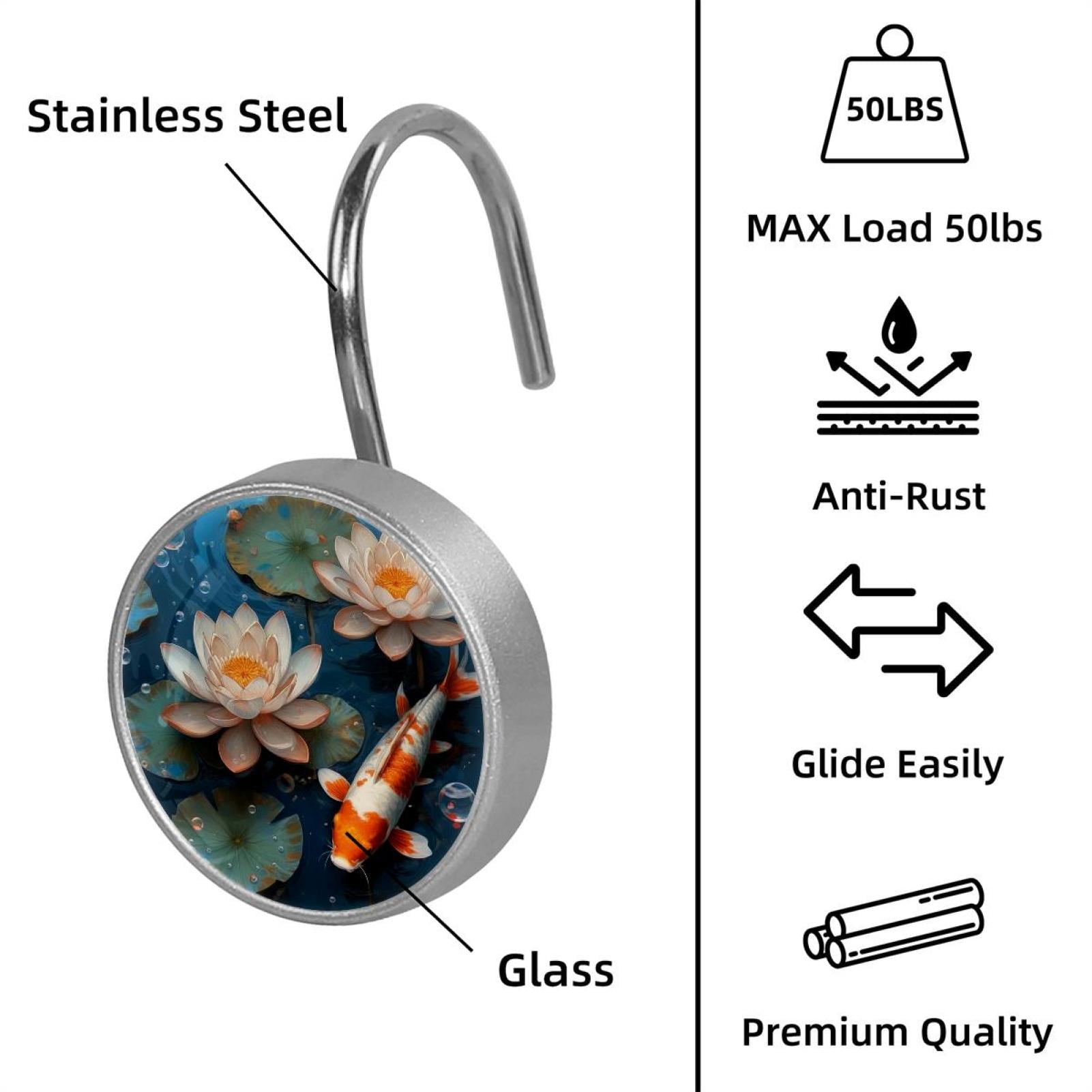 Imobaby 12 Pcs Metal Shower Curtain Hooks Rust Proof for Shower Curtain Liner - Lotus Pond Bubble Goldfish