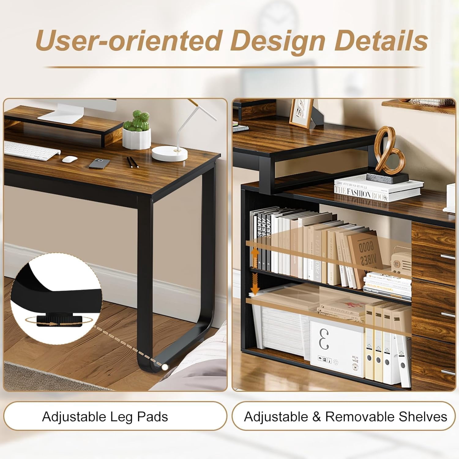 DreamCurship 55 Inch Reversible L Shaped Desk with 3 Storage Drawers, Computer Desk with Shelves and Monitor Stand, Corner Desk for Small Spaces, Black