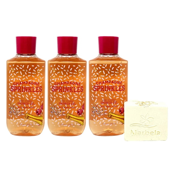 Bath & Body Works CHAMPAGNE SPRINKLES 3 Piece Shower Gel Bundle with a Marbela Natural Oats Bar Soap - Full Size