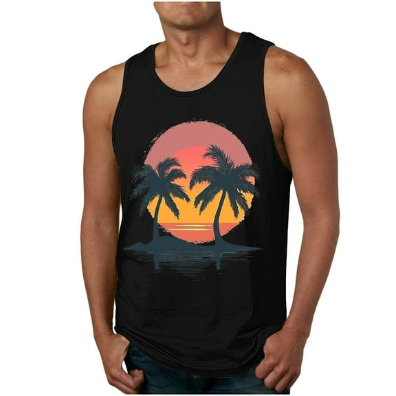 Taqqpue Mens Plus Size Tank Tops Casual Crewneck Hawaiian Sleeveless Shirts Quick Dry Graphic Beach Coconut Tree Gym Tank Tops for Swim