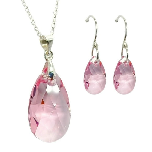 Juego de aretes y cadena con dije en forma de hoja, plata mexicana ley .925, Rosa.