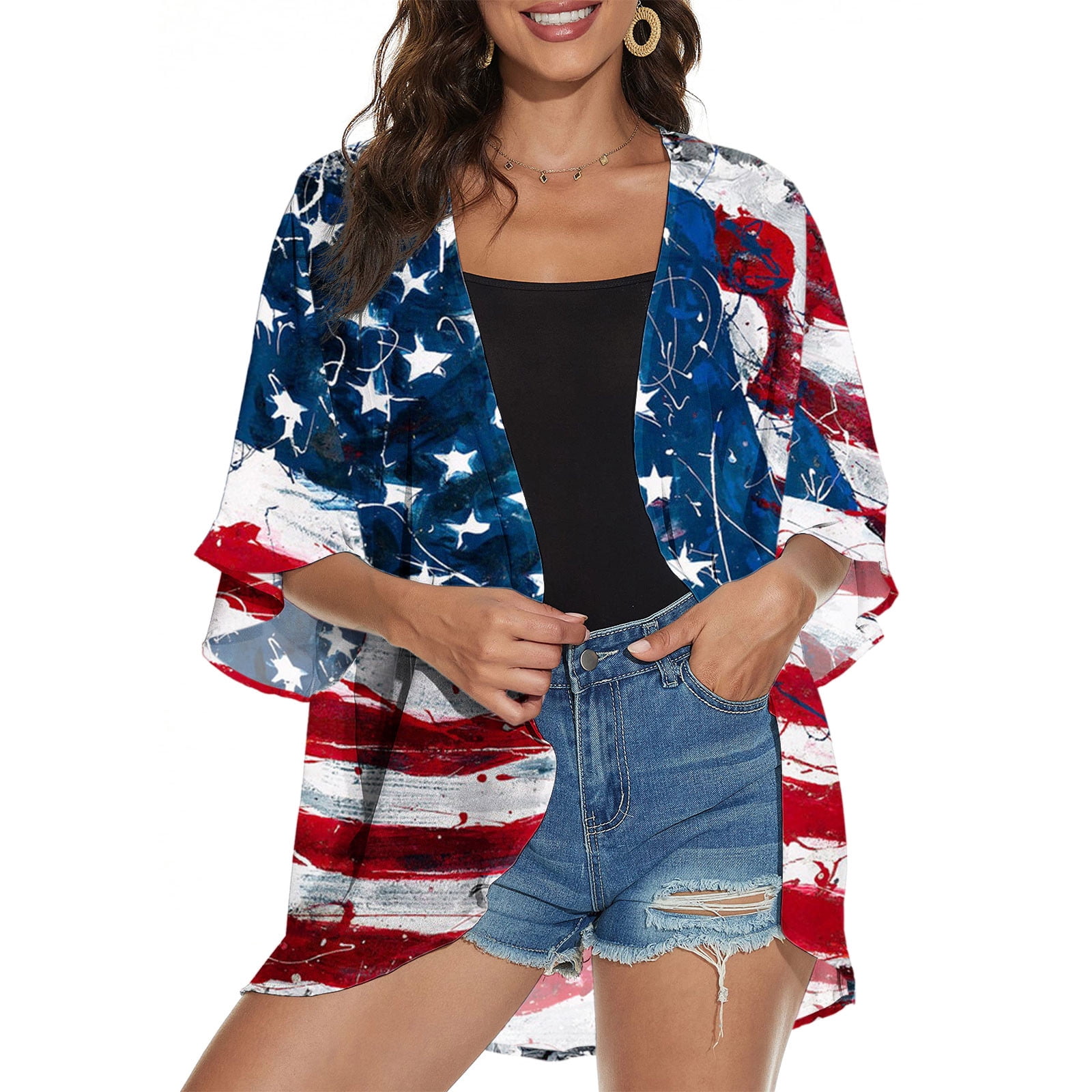 American Flag Print Dolman Sleeve Kimono Cardigan