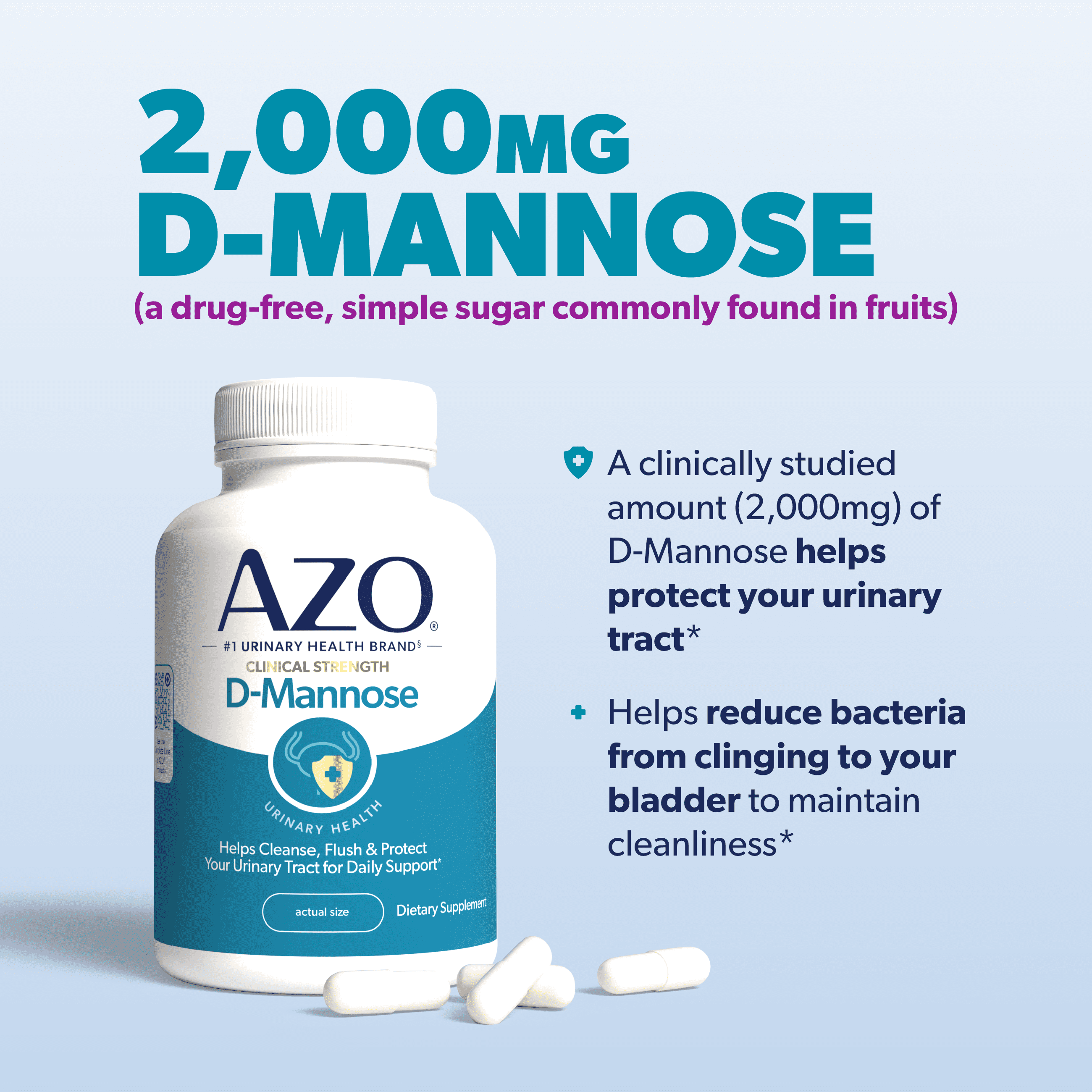 AZO D-Mannose Urinary Tract Health Supplement, Supports UTI Prevention & Bladder Health, 120 Count