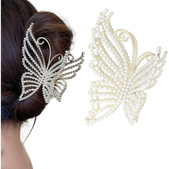 Large Hair Claw Clips Butterfly Hair Claws Nonslip Pearl Hair Clips for Thin Thick Hair Accessories for Women and Girls (Pearl)