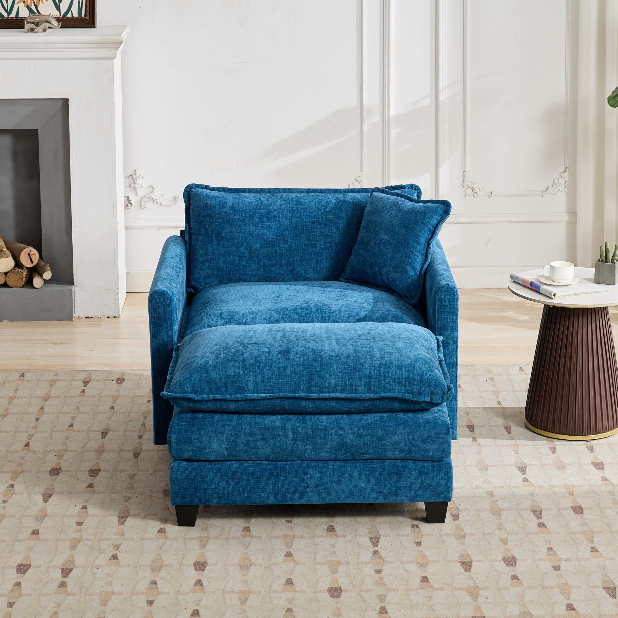 Cloud Sofa Ottoman Only, Modern Modular Sectional Ottoman, Breathable Chenille Fabric Upholstered Footrest with Double Layer Cushion, Accent Bench for Living Room Bedroom Apartment, Blue
