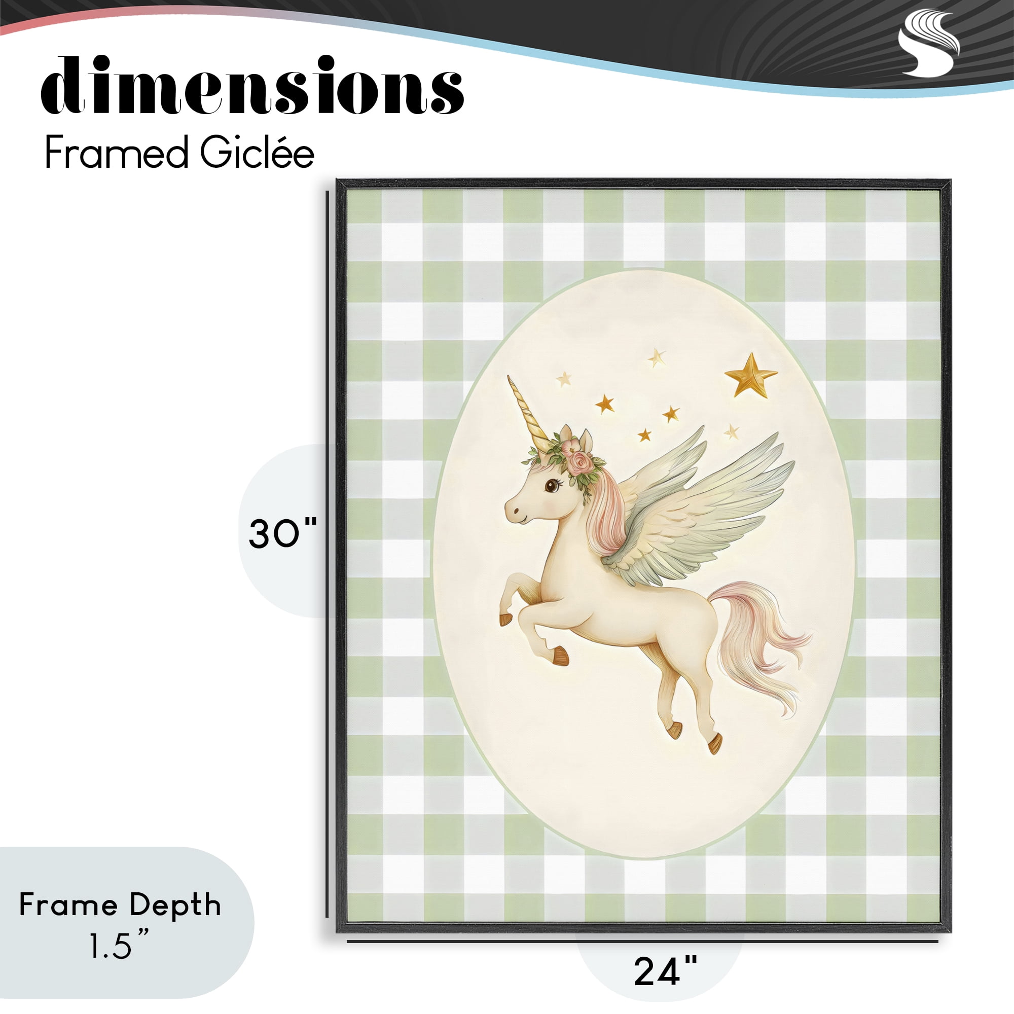 Stupell Industries Winged Unicorn over Green Gingham Black Framed Giclee Art, design by Arlington Prints