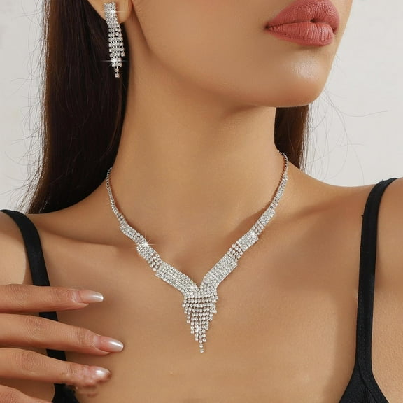 Tassel Alloy Rhinestone Pendant Necklaces Stud Earrings Sets Silver 400~500mm