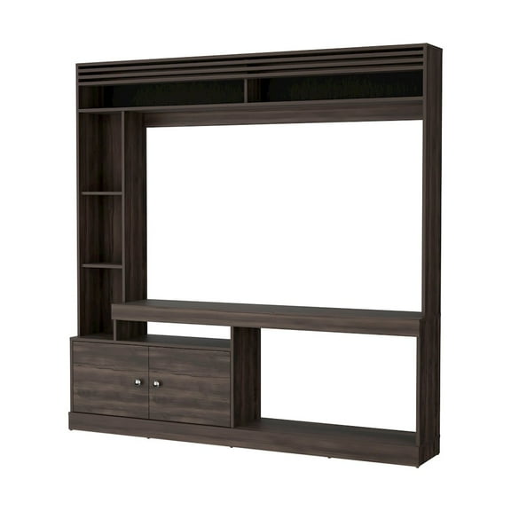 Fm Furniture Rock House Entertainment Center with Two Doors and Open Storage, Stained Walnut