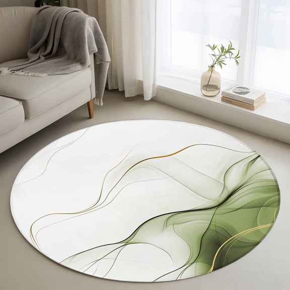 Round Area Rug 4 Ft, Marble Sage Green Washable Non-Slip Circle Carpet for Living Room/Bedroom, Gold White Modern Gradient Ocean Wavy Low-Profile Crawling Mats Collection Rugs for Indoor