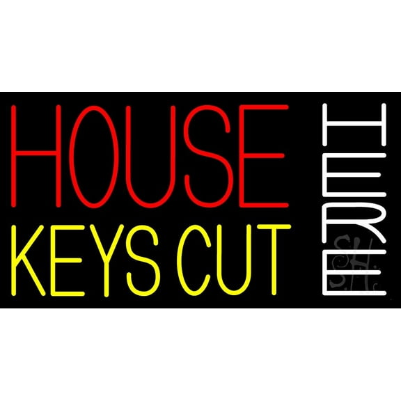House Keys Cut Here 1 LED Neon Sign 13" Tall x 24" Wide - inches Black Square Cut Acrylic Backing, with Dimmer - Premium built indoor Sign for Storefront, Store interior, Exhibition, Decor.