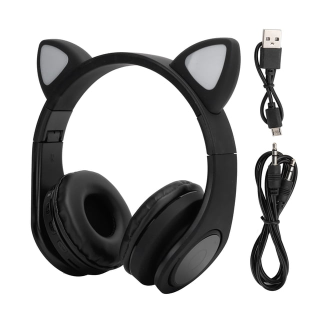 Auriculares Bluetooth 5.0 con reducción de ruido LED y forma de oreja de gato, con micrófono para jóvenes, color negro