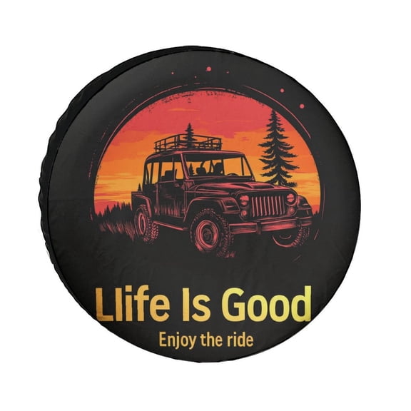 Spare Tire Cover 12inch Life Is Good Enjoy The Ride Wheel Protectors Weatherproof Wheel Covers Vintage Pickup Truck for Camper Travel Trailer SUV Truck