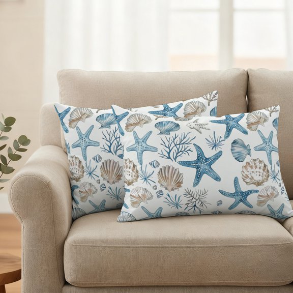 Watercolor Marine Starfish Shell Coral Waterproof Throw Pillow Covers Set of 2 Undersea World on White Outdoor Cushion Cover Pillow Protector Decorative Pillowcases for Bed Sofa Couch,20x12in