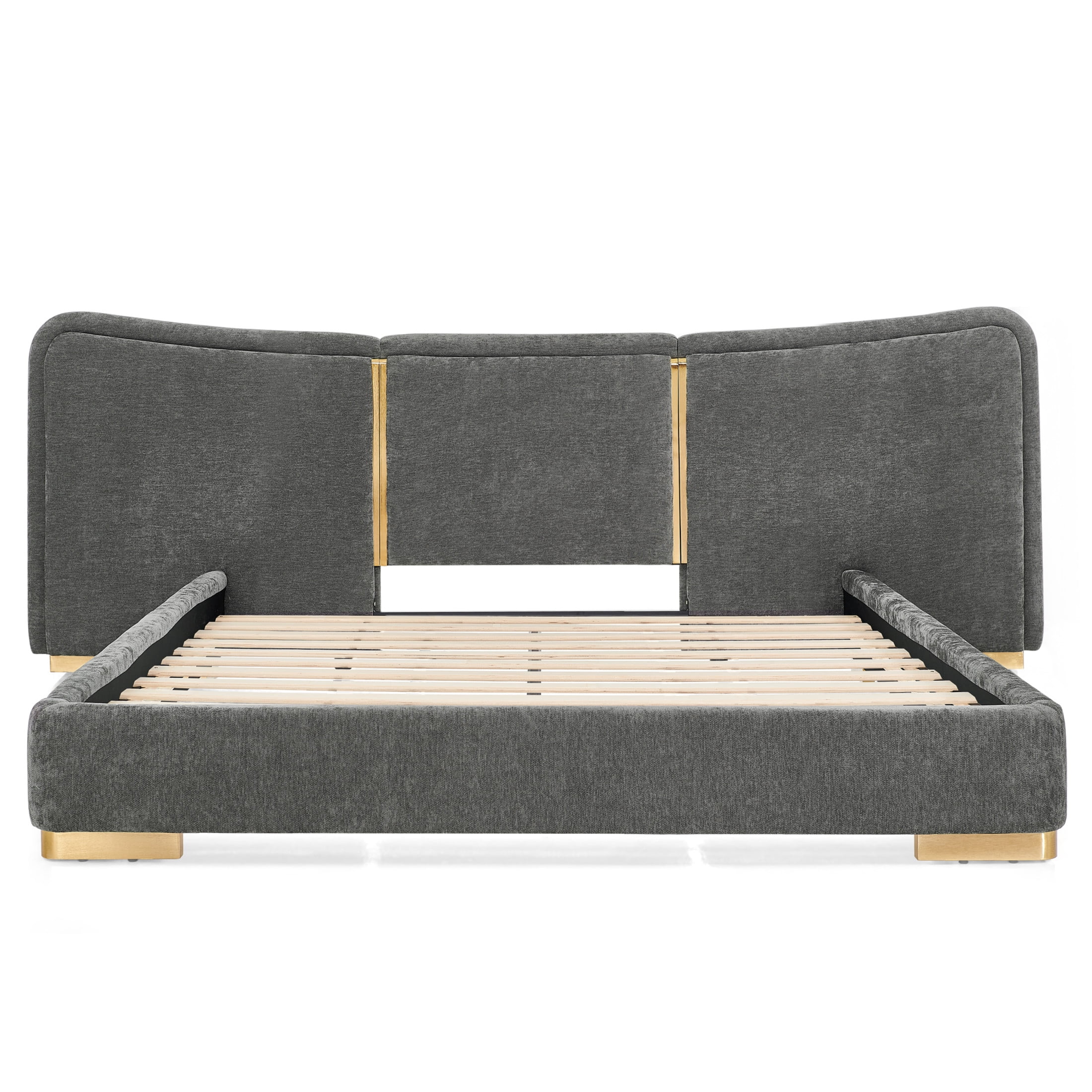 Noble House Zerra Queen Size Platform Bed, Chenille Upholstered Curved Headboard with Reinforced Metal Legs, Dark Gray