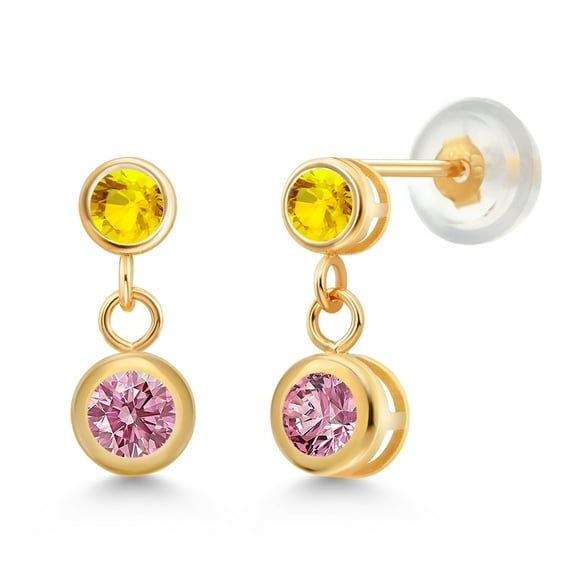 Gem Stone King 14k Yellow Gold Pink Lab Grown Diamond and Yellow Sapphire Two Stone Dangle Earrings for Women (0.77 Cttw, Gemstone April Birthstone, Round 4MM, Round 3MM)