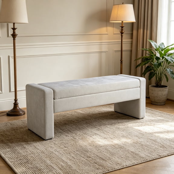 Dtwnek 50" Modern Upholstered Storage Bench with Wood Frame, Fabric Storage Bench for Bedroom, Entryway, Living Room, White