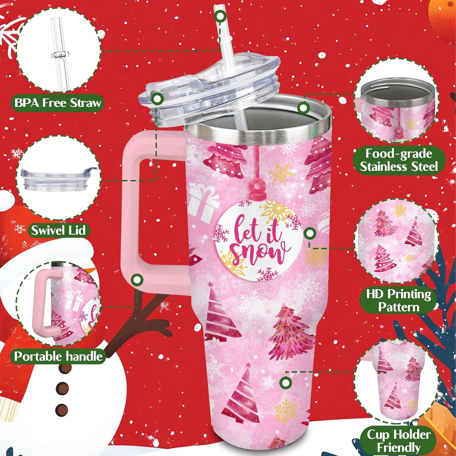 Christmas Tumbler 40 oz Christmas Tumblers with Handle and Straw Pink Christmas Tree Stainless Steel Insulated Coffee Cups Mugs Christmas Gifts Stuff Decor for Women Girls
