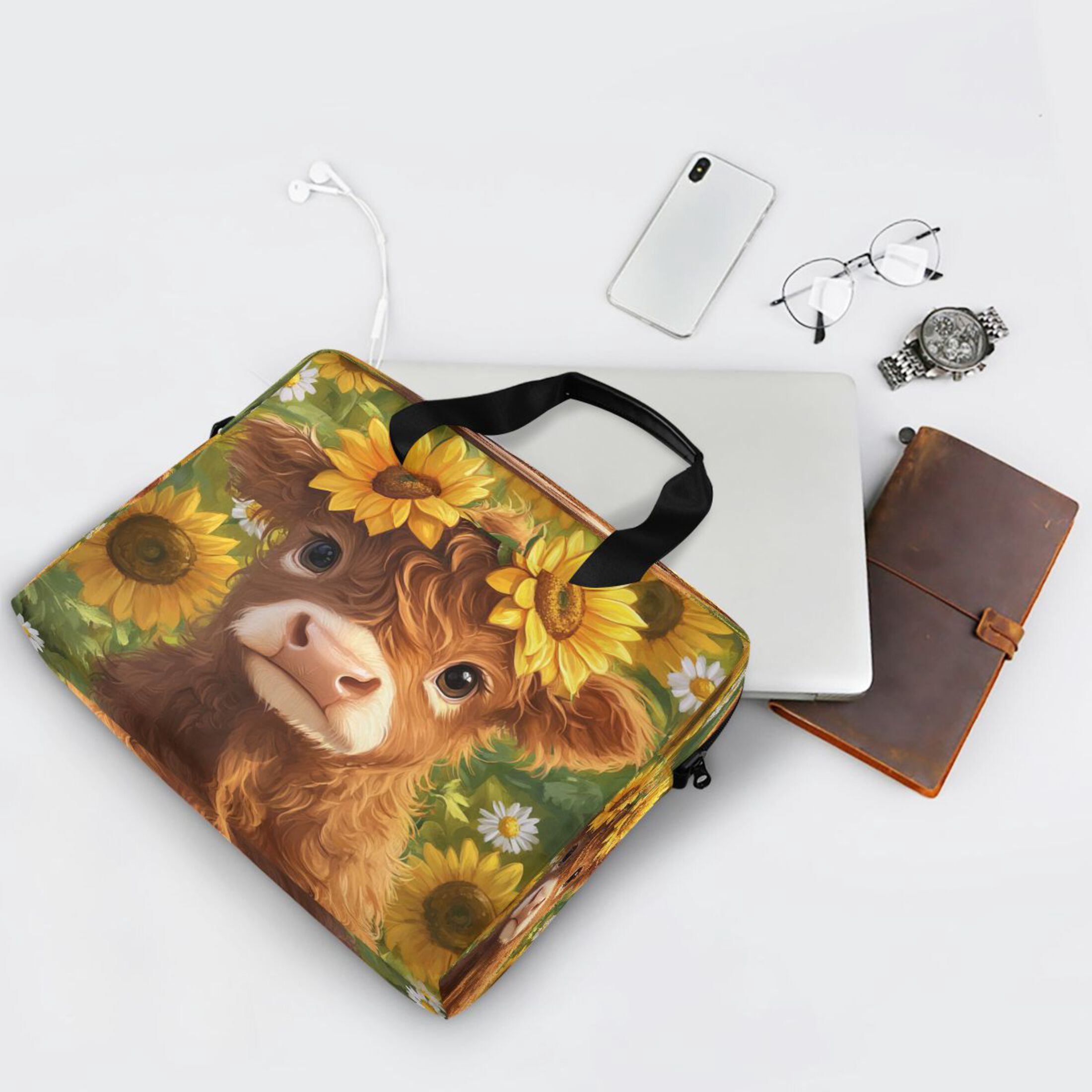 16" Laptop Tote Bag Laptop Sleeve Case Computer Briefcase for Work & Travel Cute Highland Cow