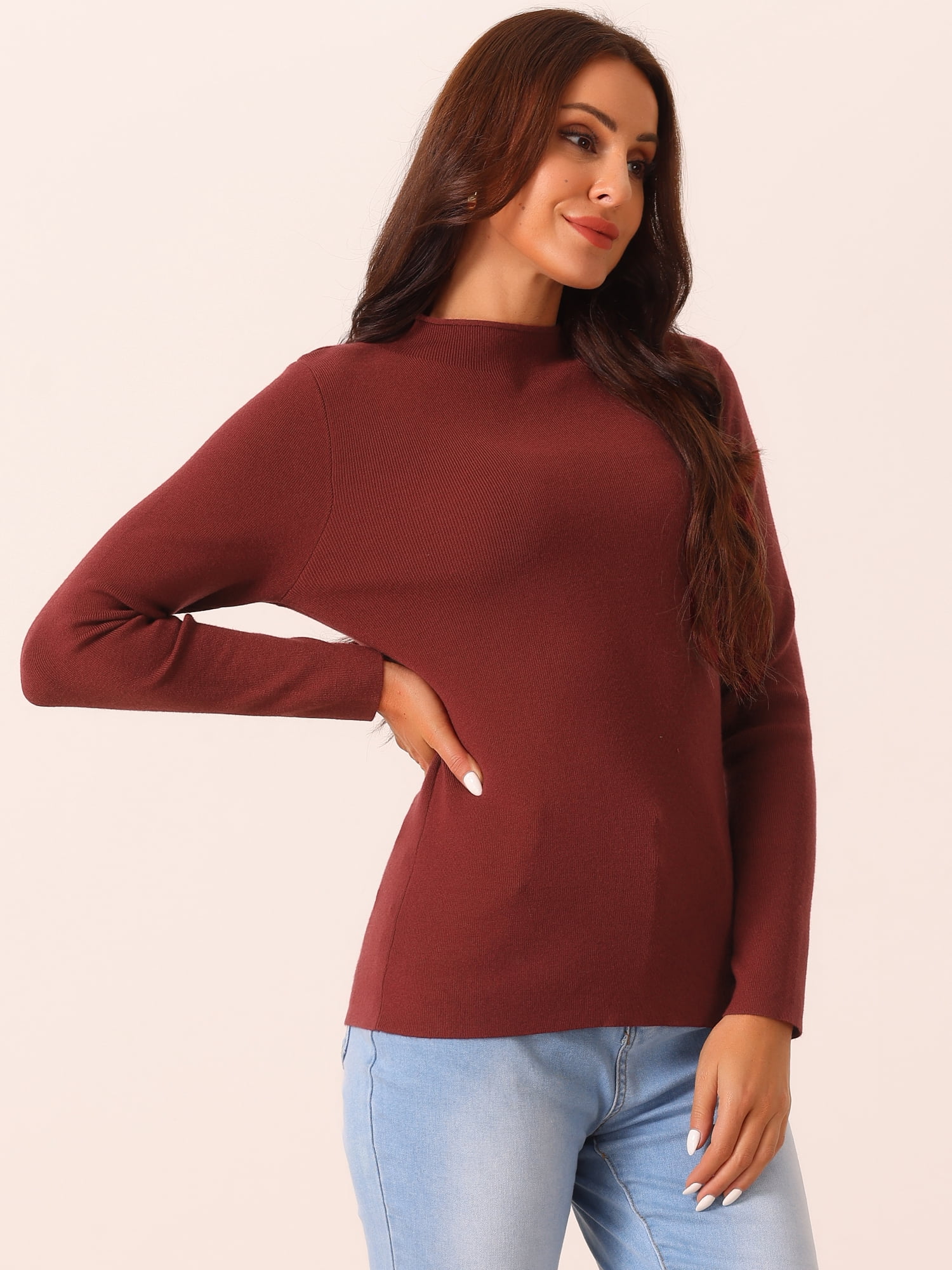 DARING DIVA Mock Neck Ribbed Knit Slim Fit Pullover Sweater Top L Wine Red