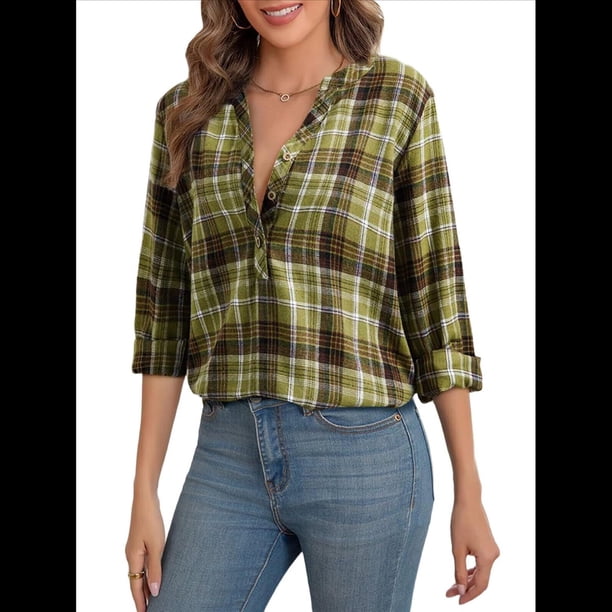 Camisas A Cuadros con Cuello en V para Mujer, Elegantes, Informales, con Botones, Estilo Bohemio, para el Trabajo, de Larga, para Otoño. Verde Hierba XXL