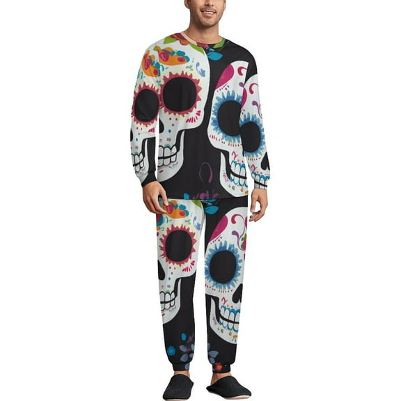 Day of The Dead Dia De Los Muertos Men's Pajama Set Sleepwear Pjs Lightweight Long Sleeve Crewneck Shirts and Bottoms Soft Comfy Sleep Sets XS