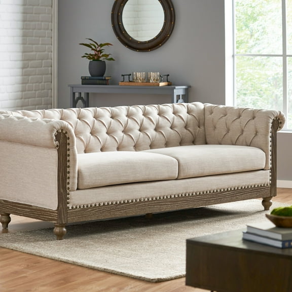 Noble House Glencoe Fabric Tufted 3 Seater Sofa, Beige
