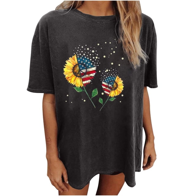 Lenago Crop Tops d'Été Grande Taille pour Femmes Mode Féminine Imprimé Col Rond Manches Courtes T-shirt Blouse Tops Amples Tenues du 4 Juillet pour Femmes