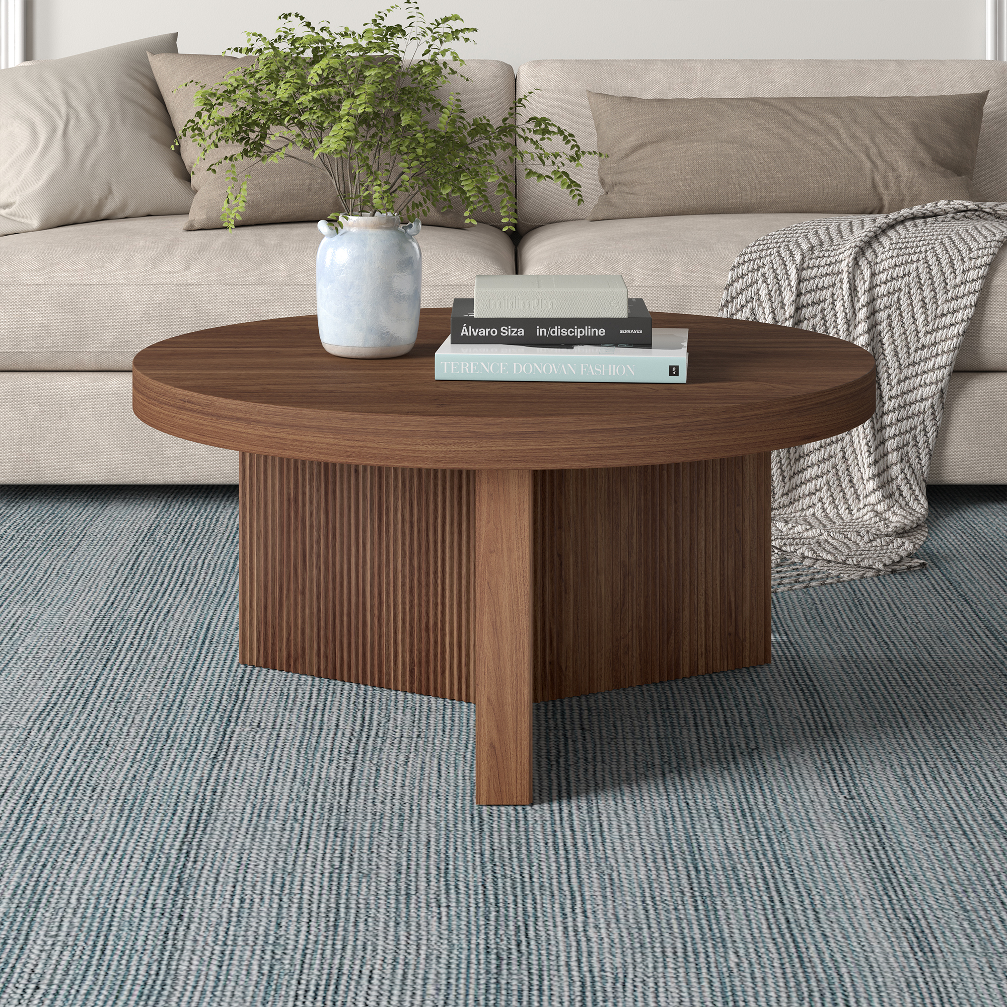 Holm 32" Wide Round Fluted Coffee Table in Satin Walnut