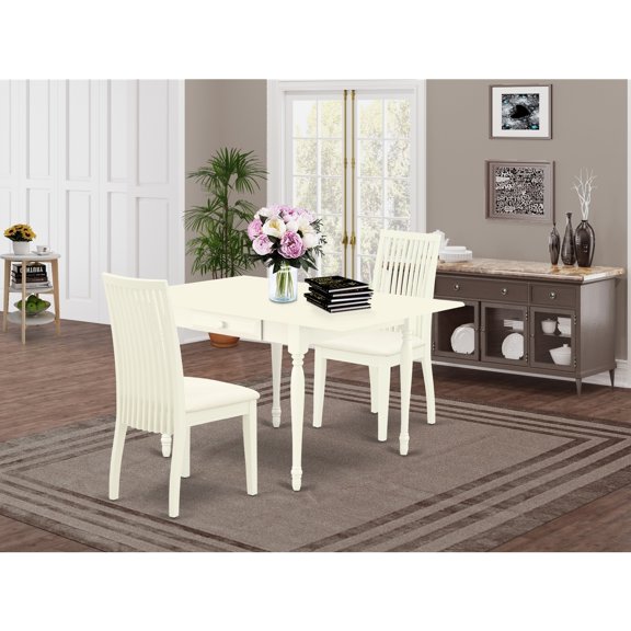 Mid-Century Dining Set - 3 Piece Wood Table & Linen Chairs - Kitchen Dinette Set
