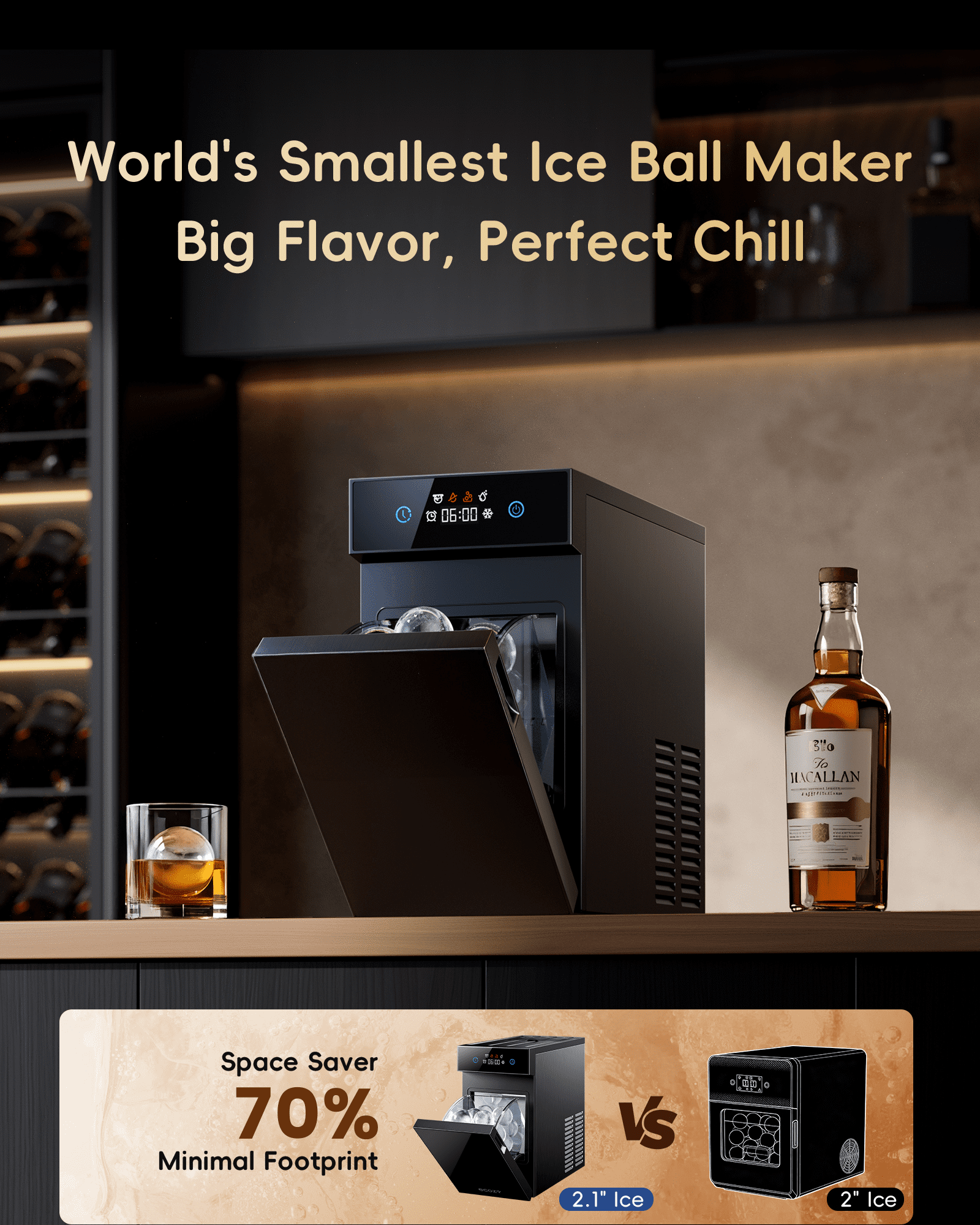 Ecozy Chillio 2.1" Clear Ice Ball Maker with CrystalFlux Technology, Small Footprint Sphere Ice Maker with Timer, 48 pcs/Day, for Home Bar Whiskey & Bourbon