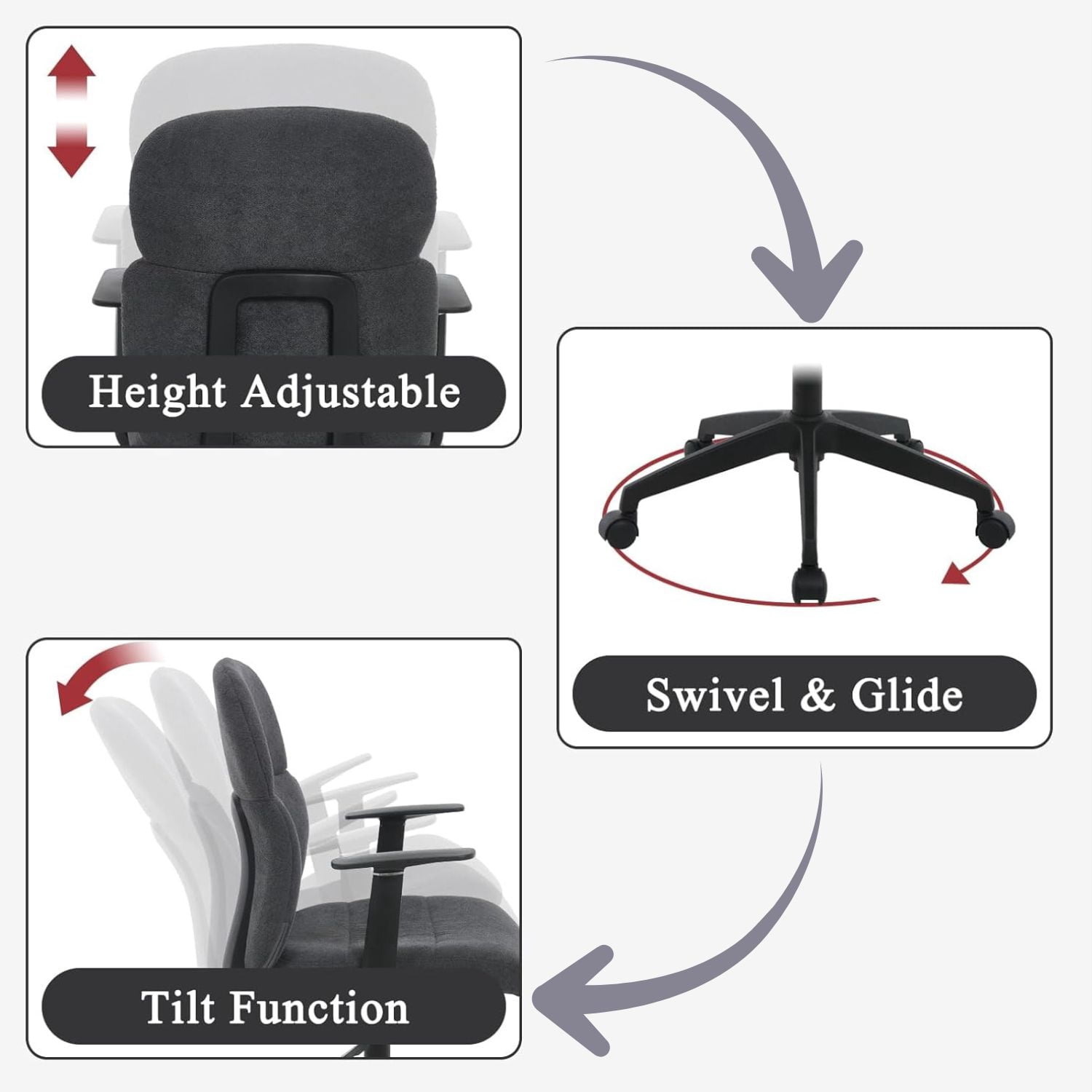 Dayalane Modern Adjustable Office Chair, Swivel Fabric Ergonomic Task Chair with Armrests, 90-120° Tilt Function and Wide Cushion Desk Chair for Home/Bedroom/Study/Office/Conference Room, Grey