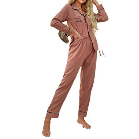 

Button Front Pant Sets Lapel Long Sleeve Sleepwear Elegant Women s Pajama Sets