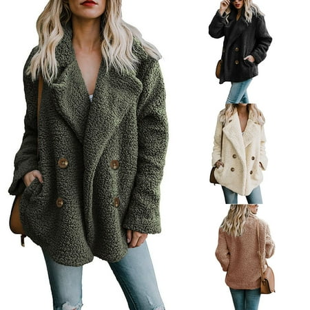 - Asian size Womens Oversized Teddy Bear Lapel Coat Ladies Faux Fur Borg Button Outerwear Jacket With Pockets
