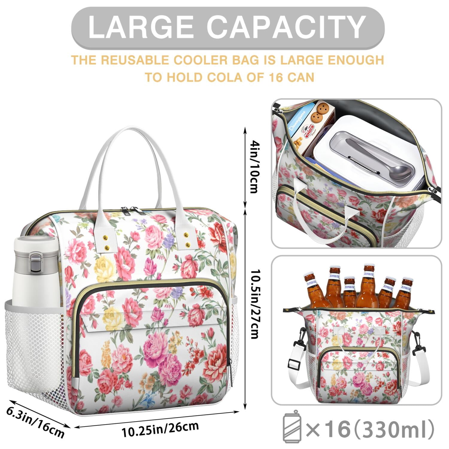 Pioneer Flower Floral Print Pattern Womens Lunch Box for Work,Insulated Large Lunch Bag for Tween and Teen,Loncheras Para Mujer,Leakproof Adult Lunch Bag for Work,Beach,Travel,Picnic,Camping