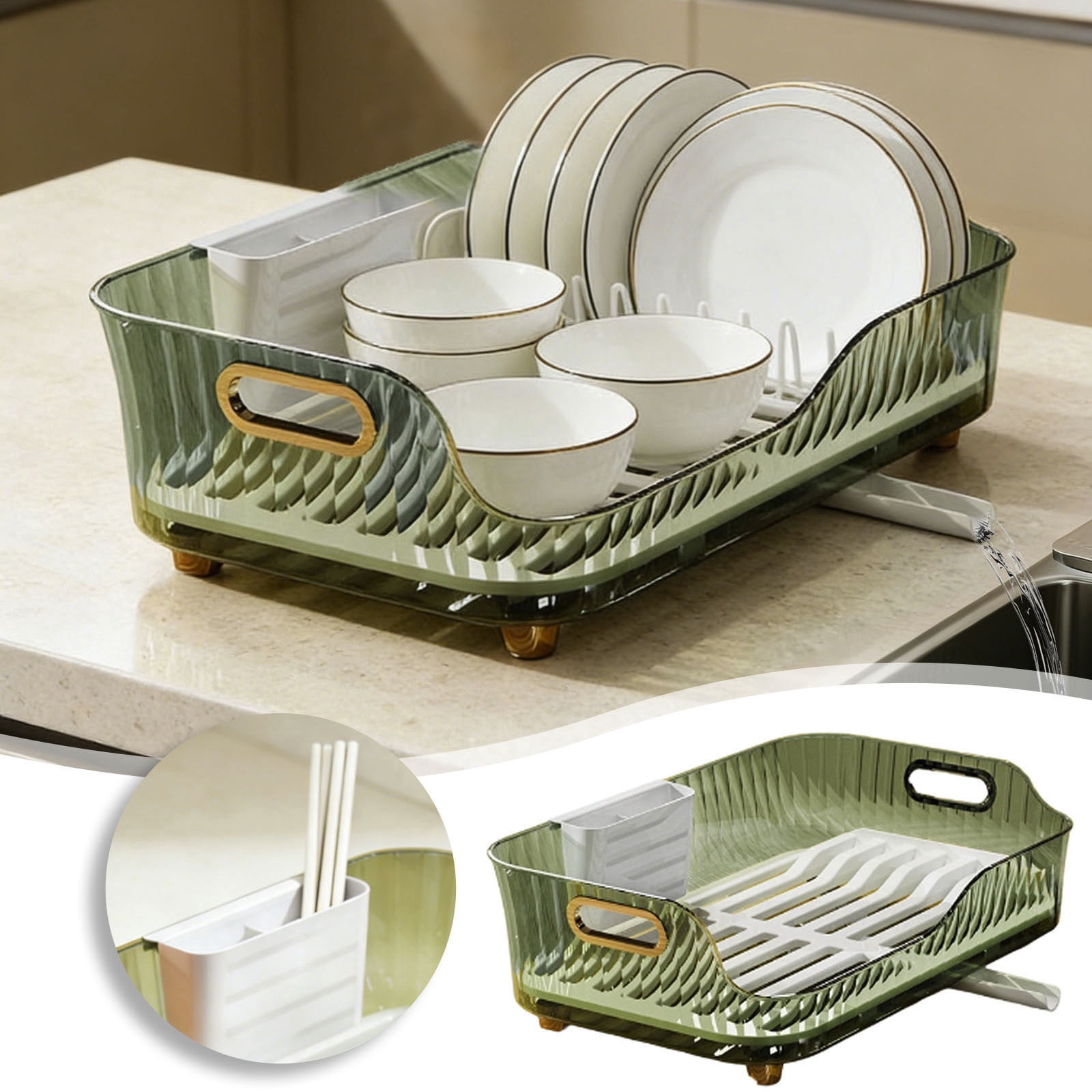 Kitchen Dish Drying Rack with Extendable Drainboard Countertop Dish Rack with Utensil Holder Multifunctional Transparent Dish Organizer Ideal for Dishes Bowls Cutlery and Fruit Storage