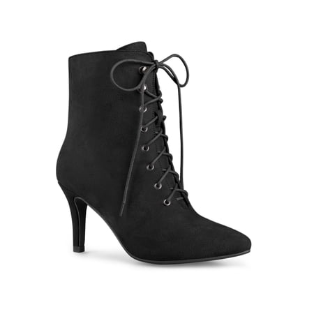 BLISSFUL STEP Women s Ankle Boots Faux Suede Lace Up Pointed Toe Stiletto Heel Ankle Booties Black 6.5