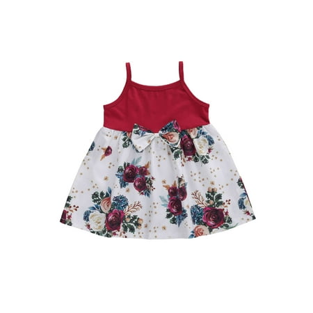 

Calsunbaby Baby Girl s Summer Casual Dress Red Sleeveless Sling Floral Print Skirt Patchwork A-line Dress