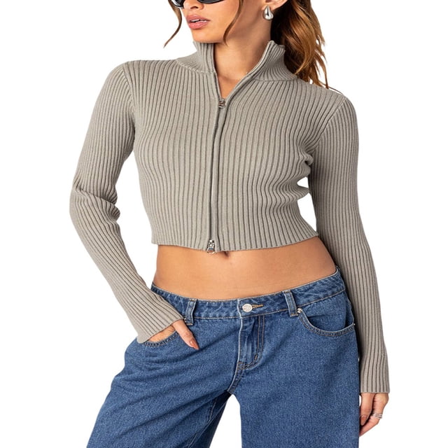 Ladies‘ Fitted Short Knitted Sweater in Solid Color with Zipper Closure