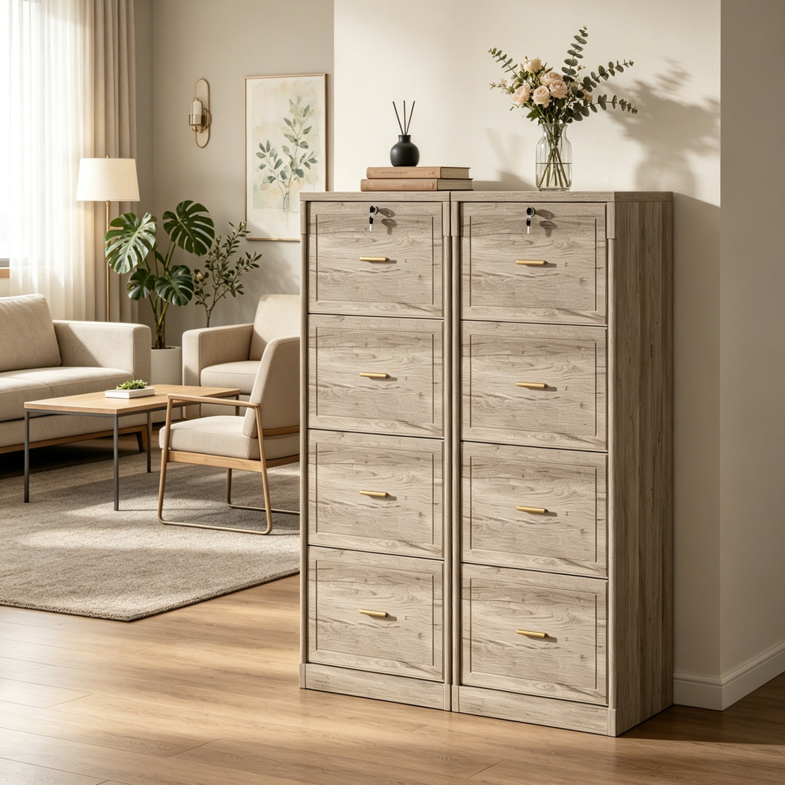 Fnova 4-Drawer File Cabinet, Tall Filing Cabinet with Lock and Key, Heavy Duty Wooden Vertical Office Storage Organizer for Legal Size/Letter/A4/Files, Home Office, Gray