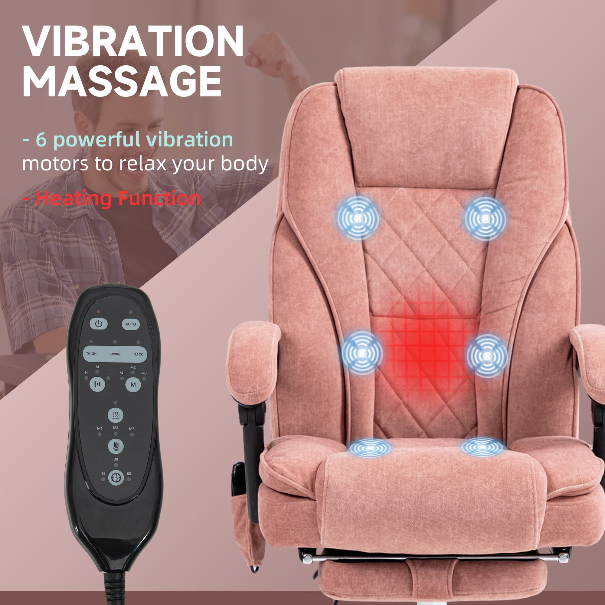 Vinsetto Massage Office Chair with Heat, Reclining, Footrest, Pink
