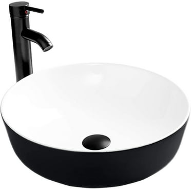 ELECWISH Black and White Ceramic Square Bathroom Sink Vessel Sink with Black Faucet and Pop up drain Combo, Round