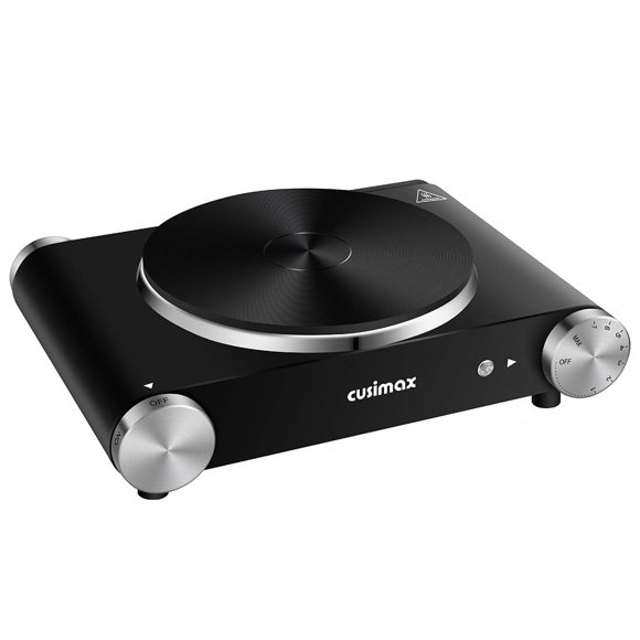 CUSIMAX - Placa eléctrica para cocina portátil de un solo quemador de hierro fundido de 1500 W, calentador en cuestión de segundos, control de temperatura ajustable, patas de goma antideslizantes de