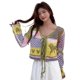 thumbnail image 1 of Women Casual Lightweight Cardigan Long Sleeve Hollow Out Crochet Knit Colorblock Plaid Lace-Up Open Front Outwear Coat Pink, 1 of 4