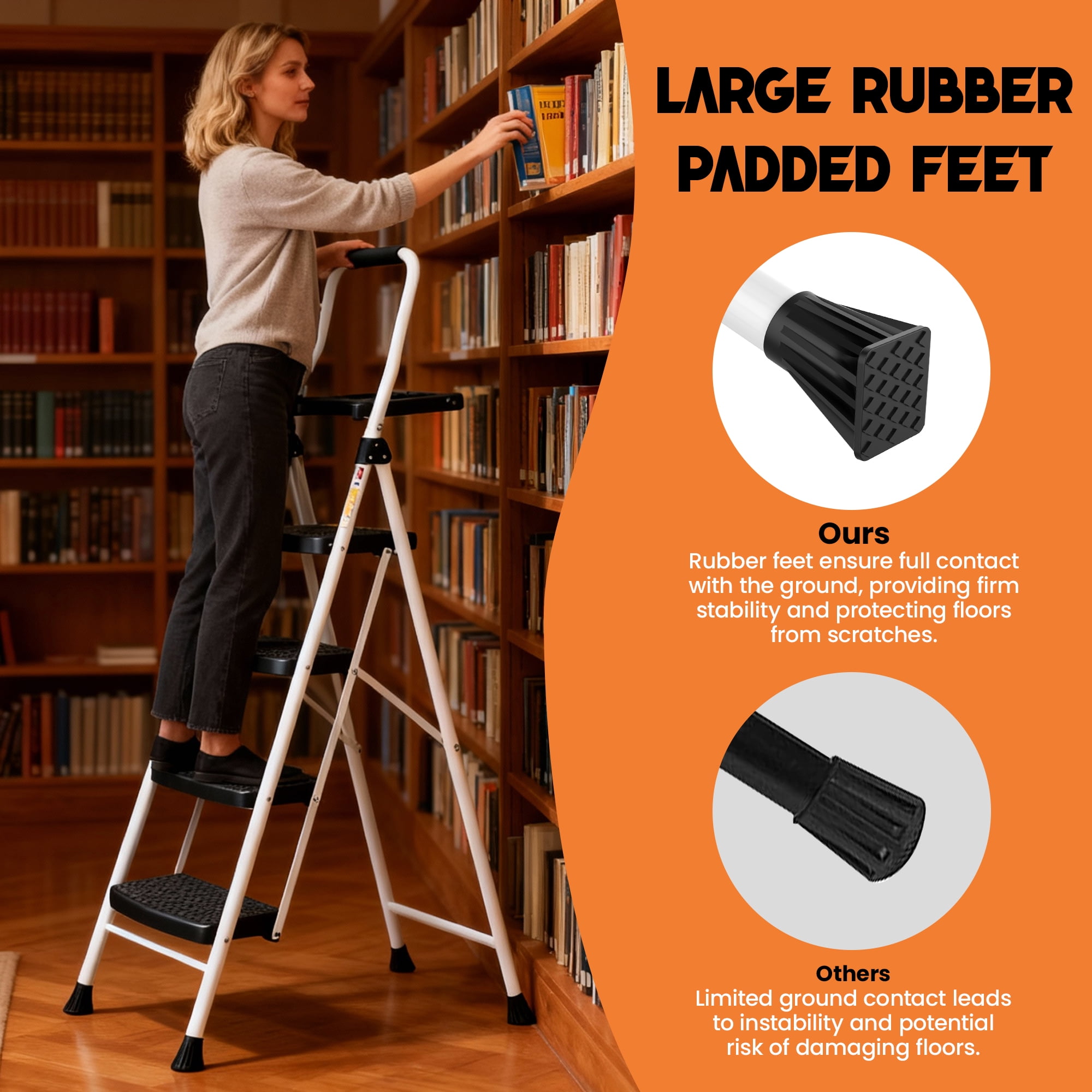 HBTower Folding 4 Step Ladder with Tool Tray, Wide Anti-Slip Pedal and Anti-Slip Feet, 330lbs Capacity, White
