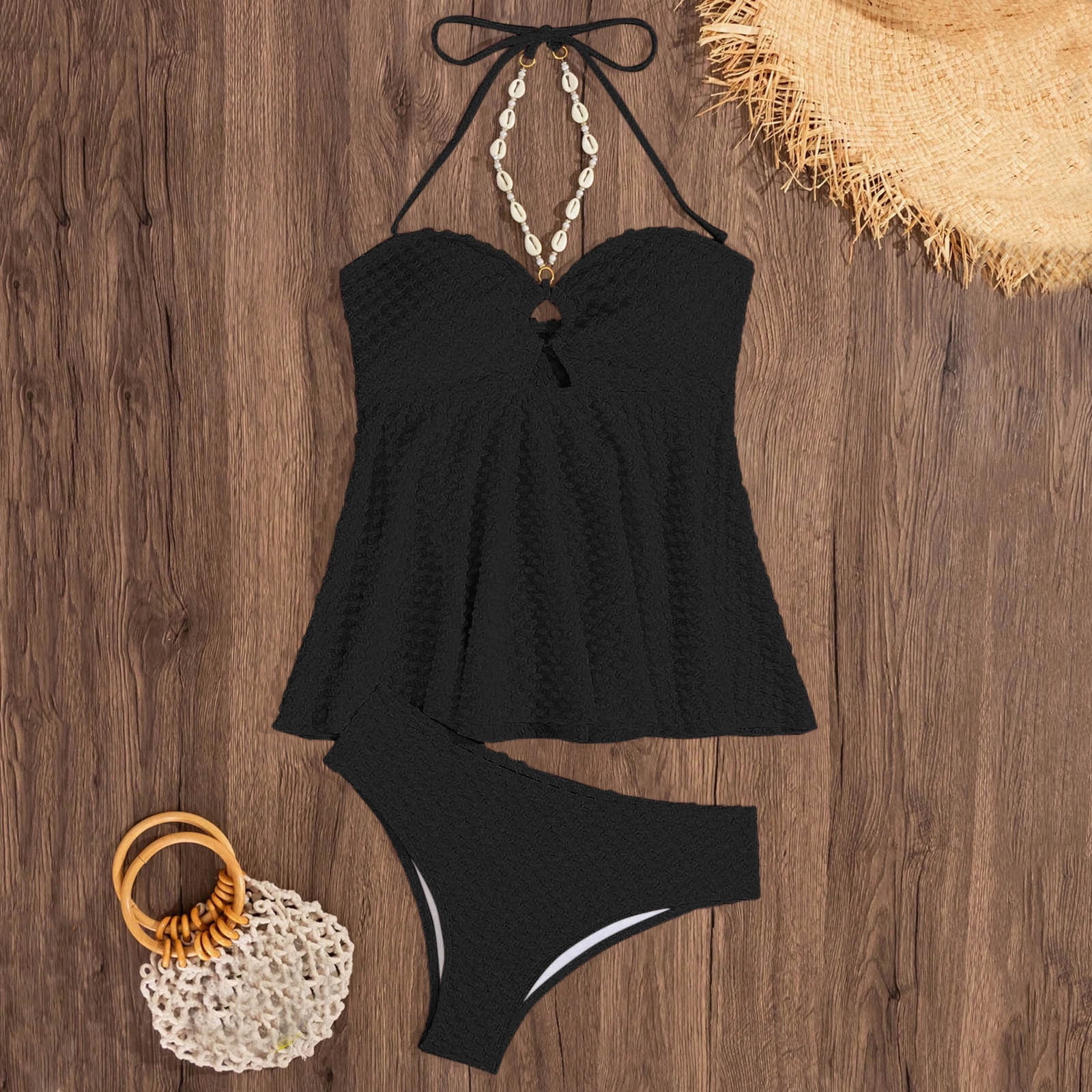 Hvot&aat Women's Textured Bikinis Two Piece Tummy Control Flowy Halter Swimwear Cut Out Backless Bathing Suits