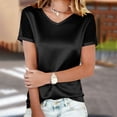 thumbnail image 4 of Women's Satin V-Neck T-Shirt Fashion Mesh Rhinestone Short Sleeve Tops Summer Solid Color Daily Wear Tee,Black,S, 4 of 9