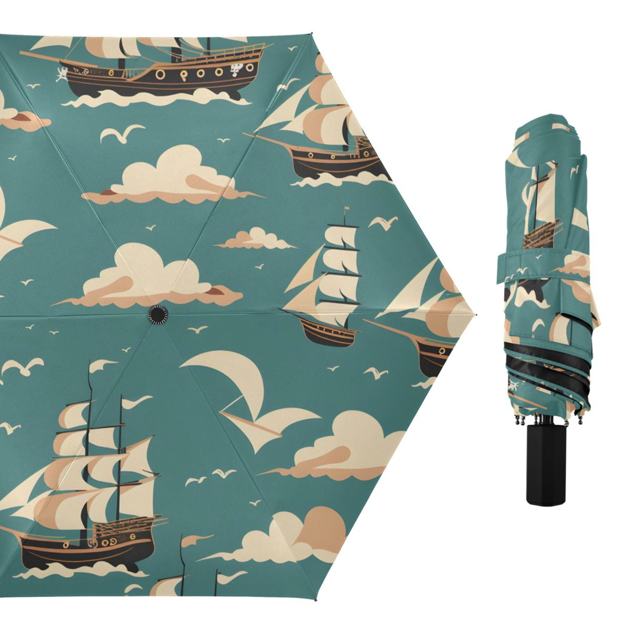 ALAZA Sailboat Seagulls UPF 50+ Compact Folding Umbrella for Rain Travel Umbrella Packable