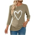 thumbnail image 2 of Zylanna Women's Pullover Sweaters, 3/4 Sleeve Crew Neck Heart Print Ribbed Knit Loose Tops for Women Khaki, 2 of 7